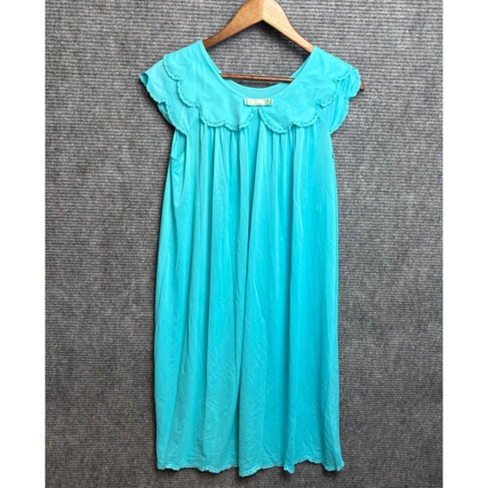 Shadowline Vintage Turquoise Blue Nylon Nightgown Lace Trim Peter Pan Collar S